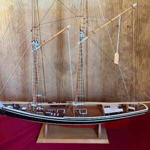 Vintage Wooden Schooner Ship Model on Stand – Handcrafted Nautical Collectible